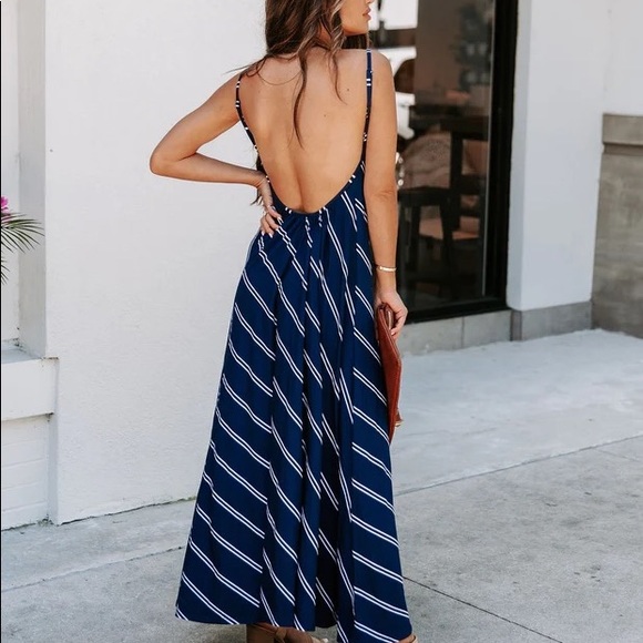 VICI Powell Striped Adjustable Maxi Dress - Navy - Picture 2 of 5